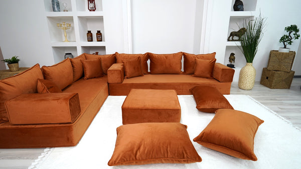 Amber Color L Shaped Floor Sofas, Corner Sectional Sofa, Pallet Sofa, Arabic Seating Couch, Luxury Velvet Floor Seating - Arabic Sofa