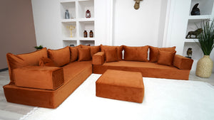 Amber Color L Shaped Floor Sofas, Corner Sectional Sofa, Pallet Sofa, Arabic Seating Couch, Luxury Velvet Floor Seating - Arabic Sofa