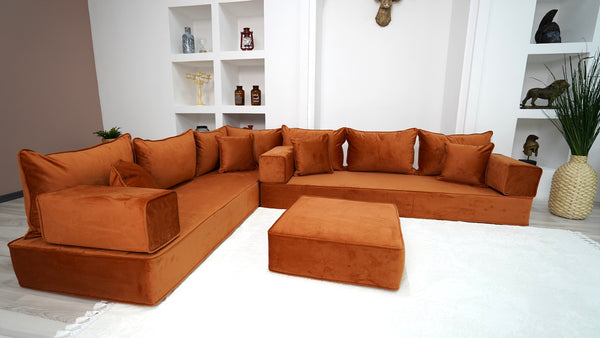 Amber Color L Shaped Floor Sofas, Corner Sectional Sofa, Pallet Sofa, Arabic Seating Couch, Luxury Velvet Floor Seating - Arabic Sofa