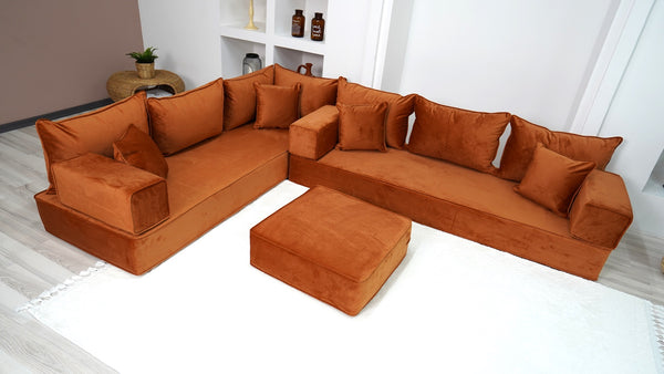 Amber Color L Shaped Floor Sofas, Corner Sectional Sofa, Pallet Sofa, Arabic Seating Couch, Luxury Velvet Floor Seating - Arabic Sofa