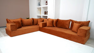 Amber Color L Shaped Floor Sofas, Corner Sectional Sofa, Pallet Sofa, Arabic Seating Couch, Luxury Velvet Floor Seating - Arabic Sofa