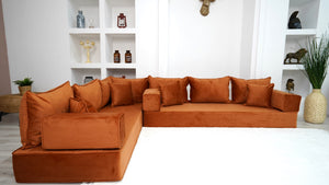 Amber Color L Shaped Floor Sofas, Corner Sectional Sofa, Pallet Sofa, Arabic Seating Couch, Luxury Velvet Floor Seating - Arabic Sofa