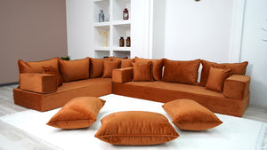 Amber Color L Shaped Floor Sofas, Corner Sectional Sofa, Pallet Sofa, Arabic Seating Couch, Luxury Velvet Floor Seating - Arabic Sofa