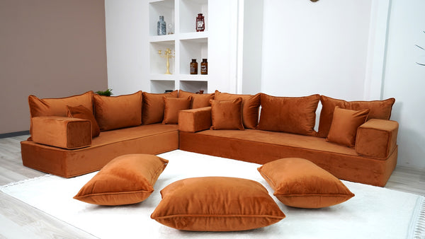 Amber Color L Shaped Floor Sofas, Corner Sectional Sofa, Pallet Sofa, Arabic Seating Couch, Luxury Velvet Floor Seating - Arabic Sofa