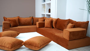 Amber Color L Shaped Floor Sofas, Corner Sectional Sofa, Pallet Sofa, Arabic Seating Couch, Luxury Velvet Floor Seating - Arabic Sofa