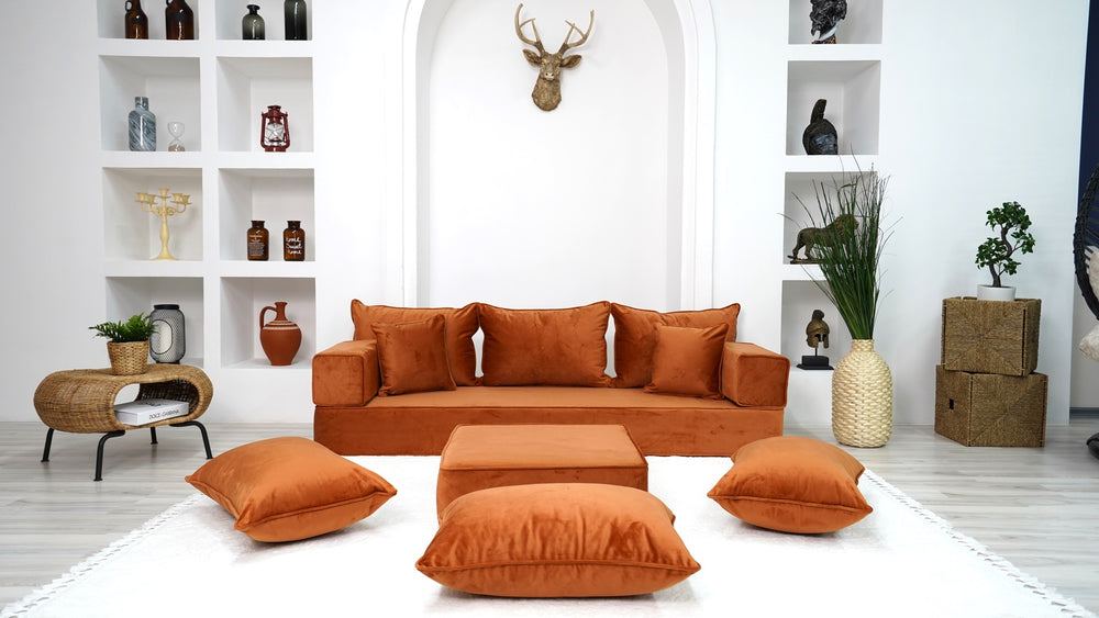 8" Thick Amber Velvet Floor Seating, Sectional Sofa with Ottoman Couch and Rug, Velvet Floor Sofa, Toddler Floor Bed, Patio Sofa, Modular Cushion,Ethnic Floor Cushion - Arabic Sofa