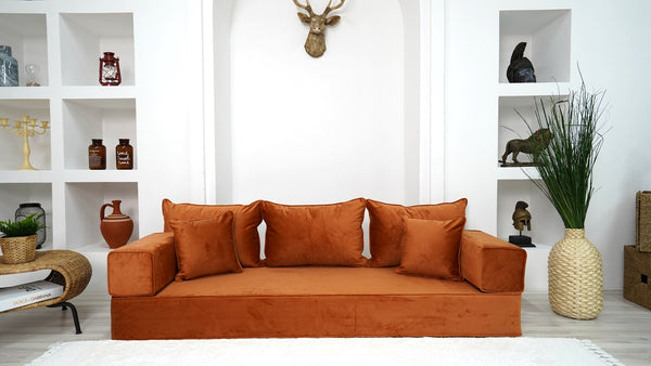 8" Thickness Amber Color Velvet Sofa Sets, Sectional Sofa, Velvet Floor Sofa, Meditation Sofa, Toddler Floor Bed, Floor Pillow, Soft Fabric Floor Couch