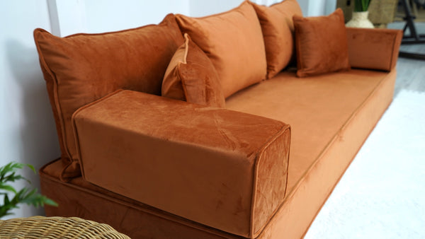 8" Thickness Amber Color Velvet Sofa Sets, Sectional Sofa, Velvet Floor Sofa, Meditation Sofa, Toddler Floor Bed, Floor Pillow, Soft Fabric Floor Couch