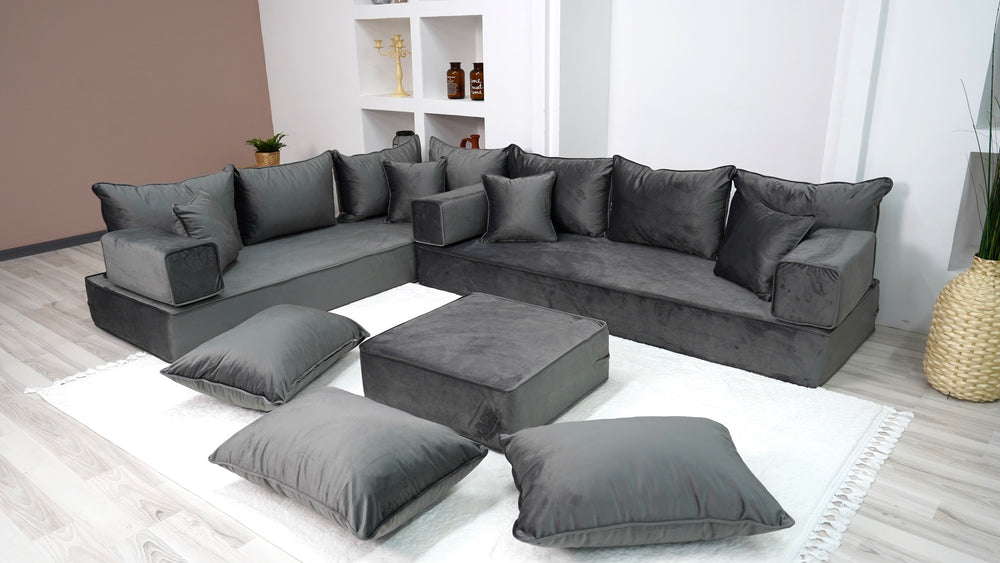 Dark Gray L Shaped Couch, Moroccan Livingroom Seating, Luxury Velvet Floor Couch, Ektorp Sofa Cover, Sofa Bed - Arabic Sofa