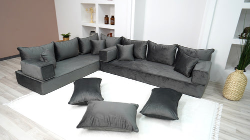 Dark Gray L Shaped Couch, Moroccan Livingroom Seating, Luxury Velvet Floor Couch, Ektorp Sofa Cover, Sofa Bed - Arabic Sofa