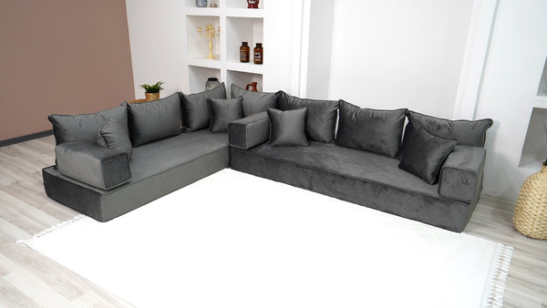 Dark Gray L Shaped Couch, Moroccan Livingroom Seating, Luxury Velvet Floor Couch, Ektorp Sofa Cover, Sofa Bed - Arabic Sofa