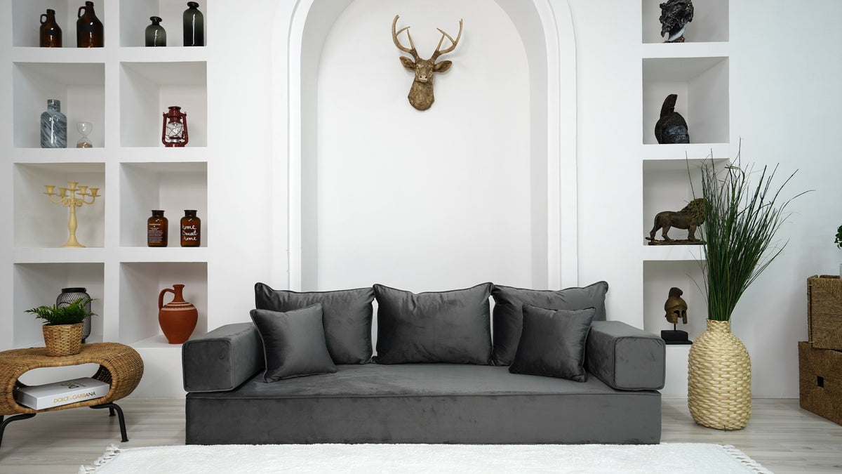 Grau Gelassene Düne: Samt-Sofa-Sets – Einzel-Sofa-Set – 8 Zoll dickes modulares Sofa – Kleines Bodencouch – Niedrige Sitzkissen
