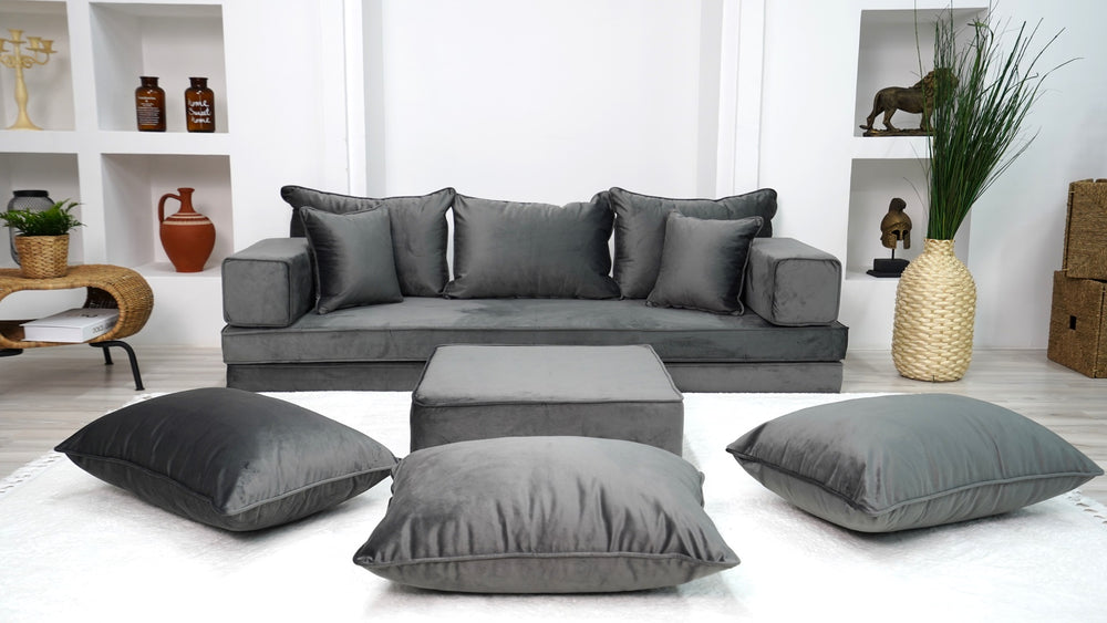 Velvet Floor Sofa, Meditation Sofa with Ottoman Couch and Rug, 8" Thick Velvet Dark Gray Floor Seating, Loveseat, Custom Cushion, Customizable Cushion, Floor Couch - Arabic Sofa