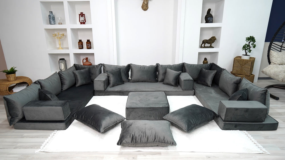 Anthracite Color U Shaped Velvet Floor Seating, Velvet Cushions, Floor Couches, Moroccan Livingroom Home Decor - Arabic Sofa
