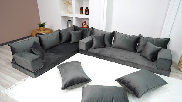 Dark Gray Color Modern Livingroom Floor Cushions, Sectional Sofas, Pallet Sofa, Moroccan Home Decor Livingroom Sofa - Arabic Sofa