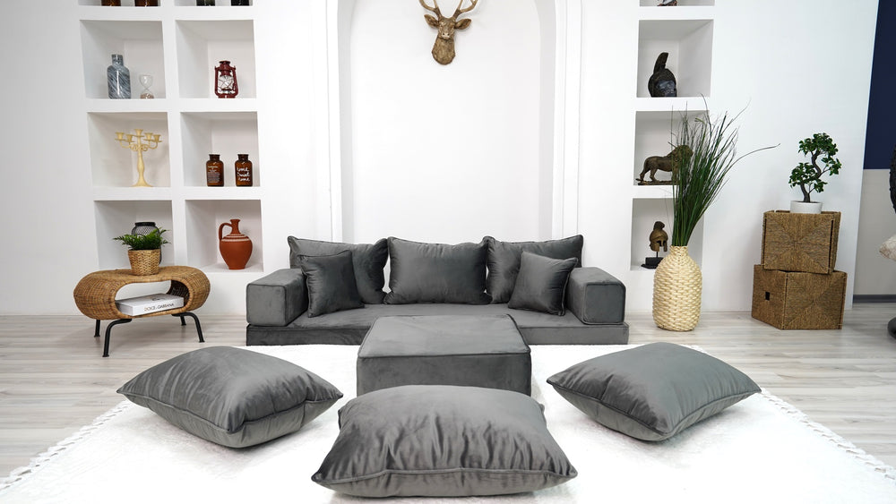 Velvet Floor Sofa with Ottoman Couch and Rug, Meditation Sofa, Velvet Dark Gray Floor Seating, Loveseat, Custom Cushion, - Arabic Sofa
