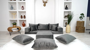 Velvet Floor Sofa with Ottoman Couch and Rug, Meditation Sofa, Velvet Dark Gray Floor Seating, Loveseat, Custom Cushion, - Arabic Sofa