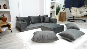 Velvet Floor Sofa with Ottoman Couch and Rug, Meditation Sofa, Velvet Dark Gray Floor Seating, Loveseat, Custom Cushion, - Arabic Sofa