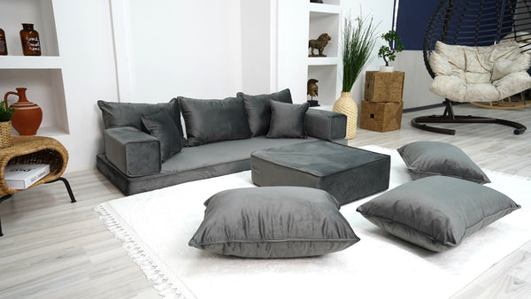 Velvet Floor Sofa with Ottoman Couch and Rug, Meditation Sofa, Velvet Dark Gray Floor Seating, Loveseat, Custom Cushion, - Arabic Sofa
