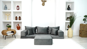 Velvet Floor Sofa with Ottoman Couch and Rug, Meditation Sofa, Velvet Dark Gray Floor Seating, Loveseat, Custom Cushion, - Arabic Sofa