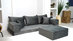 Velvet Floor Sofa with Ottoman Couch and Rug, Meditation Sofa, Velvet Dark Gray Floor Seating, Loveseat, Custom Cushion, - Arabic Sofa