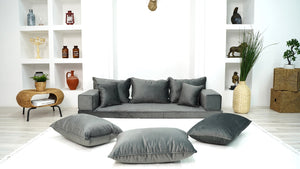 Velvet Floor Sofa with Ottoman Couch and Rug, Meditation Sofa, Velvet Dark Gray Floor Seating, Loveseat, Custom Cushion, - Arabic Sofa