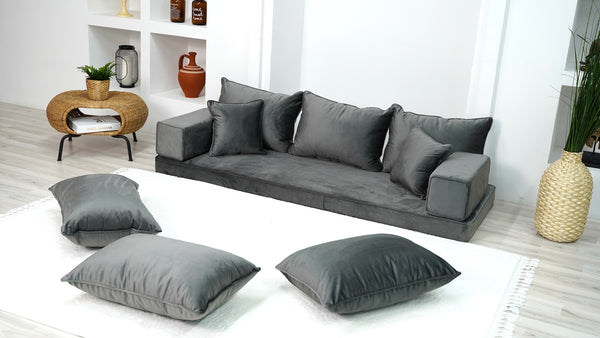 Velvet Floor Sofa with Ottoman Couch and Rug, Meditation Sofa, Velvet Dark Gray Floor Seating, Loveseat, Custom Cushion, - Arabic Sofa