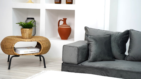 Velvet Floor Sofa with Ottoman Couch and Rug, Meditation Sofa, Velvet Dark Gray Floor Seating, Loveseat, Custom Cushion, - Arabic Sofa