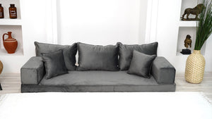 Velvet Floor Sofa with Ottoman Couch and Rug, Meditation Sofa, Velvet Dark Gray Floor Seating, Loveseat, Custom Cushion, - Arabic Sofa