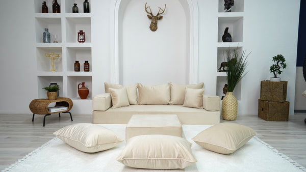 8" Thick Beige Color Velvet Floor Sofas, Modular Sofa, Sectional Sofa with Ottoman Couch and Rug, Floor Pillows, Meditation Yoga Sofa, Indoor Cushions, Floor Couches - Arabic Sofa