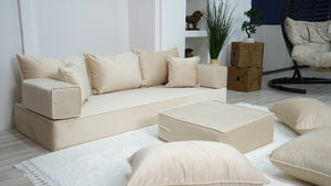 8" Thick Beige Color Velvet Floor Sofas, Modular Sofa, Sectional Sofa with Ottoman Couch and Rug, Floor Pillows, Meditation Yoga Sofa, Indoor Cushions, Floor Couches - Arabic Sofa