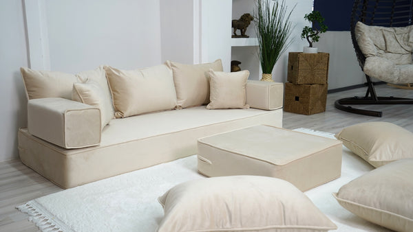 8" Thick Beige Color Velvet Floor Sofas, Modular Sofa, Sectional Sofa with Ottoman Couch and Rug, Floor Pillows, Meditation Yoga Sofa, Indoor Cushions, Floor Couches - Arabic Sofa