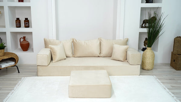 8" Thick Beige Color Velvet Floor Sofas, Modular Sofa, Sectional Sofa with Ottoman Couch and Rug, Floor Pillows, Meditation Yoga Sofa, Indoor Cushions, Floor Couches - Arabic Sofa