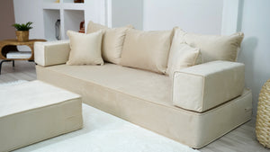 8" Thick Beige Color Velvet Floor Sofas, Modular Sofa, Sectional Sofa with Ottoman Couch and Rug, Floor Pillows, Meditation Yoga Sofa, Indoor Cushions, Floor Couches - Arabic Sofa