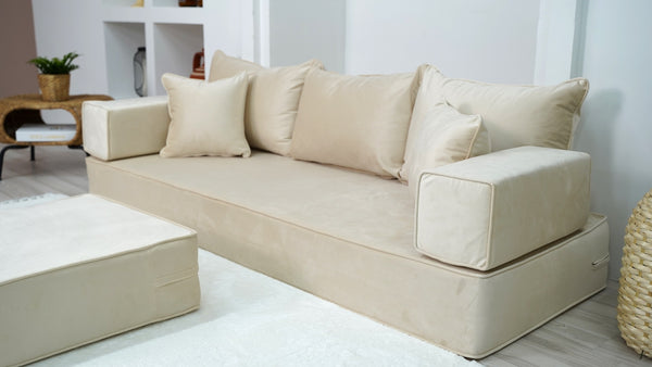 8" Thick Beige Color Velvet Floor Sofas, Modular Sofa, Sectional Sofa with Ottoman Couch and Rug, Floor Pillows, Meditation Yoga Sofa, Indoor Cushions, Floor Couches - Arabic Sofa