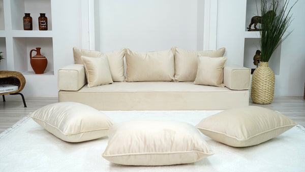 8" Thick Beige Color Velvet Floor Sofas, Modular Sofa, Sectional Sofa with Ottoman Couch and Rug, Floor Pillows, Meditation Yoga Sofa, Indoor Cushions, Floor Couches - Arabic Sofa