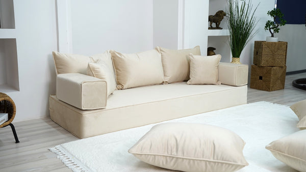 8" Thick Beige Color Velvet Floor Sofas, Modular Sofa, Sectional Sofa with Ottoman Couch and Rug, Floor Pillows, Meditation Yoga Sofa, Indoor Cushions, Floor Couches - Arabic Sofa