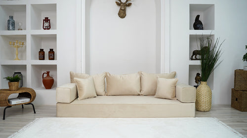 8" Thick Beige Color Velvet Floor Sofas, Modular Sofa, Sectional Sofa with Ottoman Couch and Rug, Floor Pillows, Meditation Yoga Sofa, Indoor Cushions, Floor Couches - Arabic Sofa