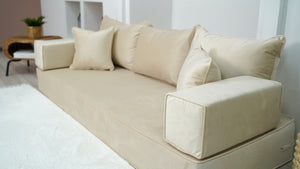 8" Thick Beige Color Velvet Floor Sofas, Modular Sofa, Sectional Sofa with Ottoman Couch and Rug, Floor Pillows, Meditation Yoga Sofa, Indoor Cushions, Floor Couches - Arabic Sofa