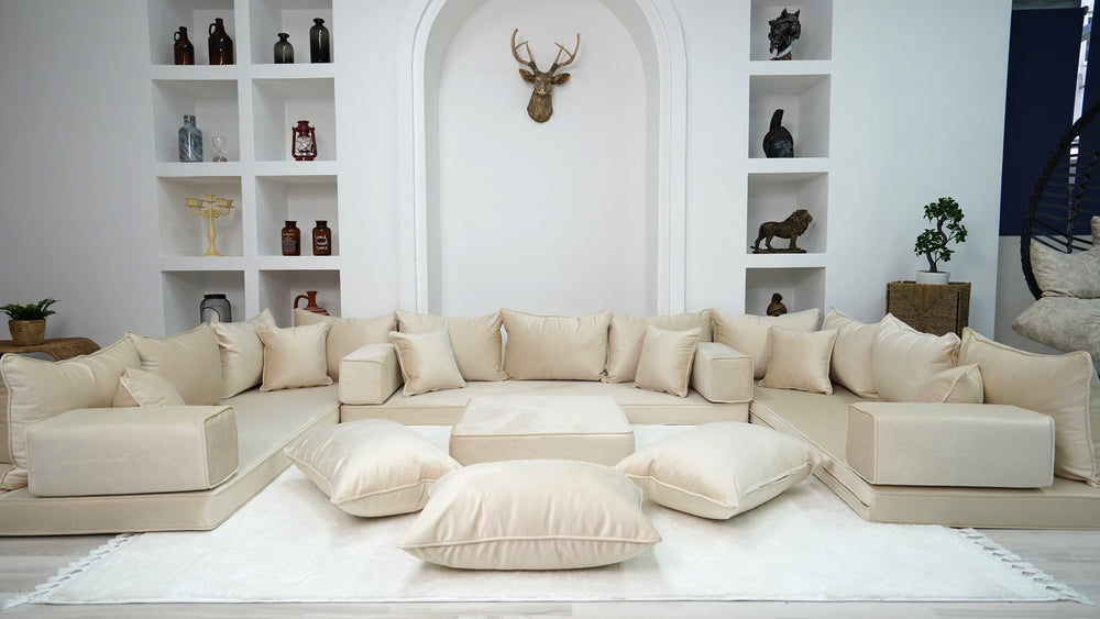 Velvet Beige Color U Shaped Floor Seating Sofas, Velvet Floor Couch, Moroccan Livingroom Home Decor, Sectional Sofas - Arabic Sofa