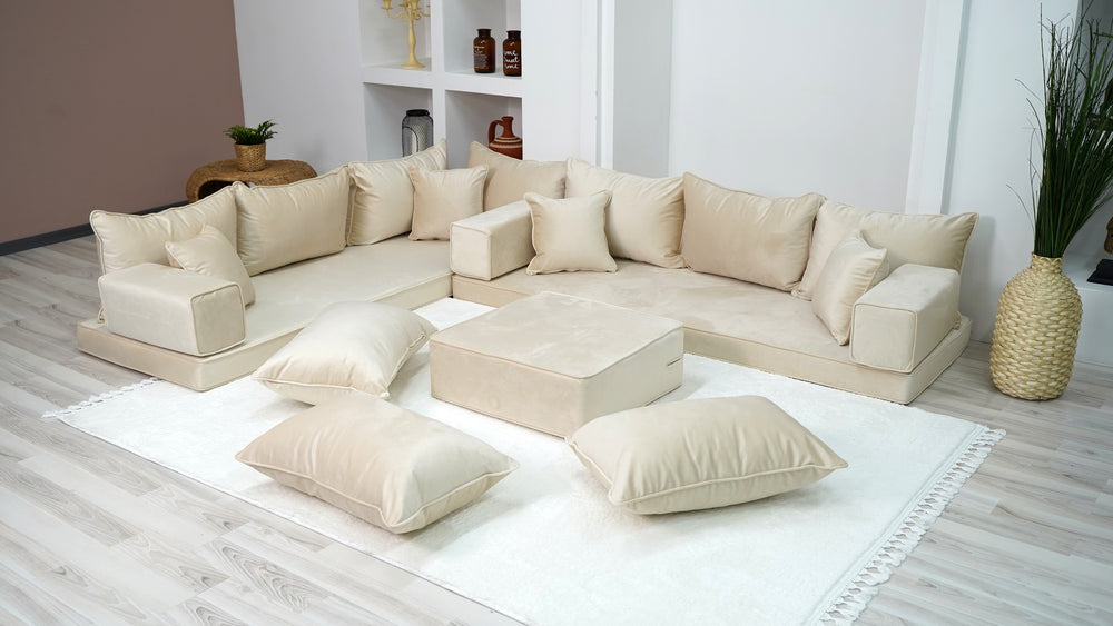 Beige Color Velvet Corner Floor Seating, Velvet Foor Couch, Arabic Floor Sofas, Moroccan Home Decor Livingroom Sofa - Arabic Sofa