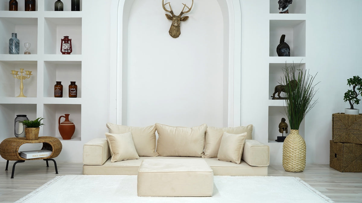 Beige Serene Dune: Samt-Sofa-Sets – Einzel-Sofa-Set – 4 Zoll dickes Schaumstoff-Sofa – Lounge mit niedriger Sitzhöhe – Handgefertigtes Bodensofa