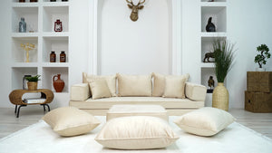 8" Thick Beige Velvet Floor Seating, Sectional Sofa, Velvet Floor Sofa with Ottoman Couch and Rug, Bohemian Sectionals, Arabic Floor Sofa Set, Floor Couches - Arabic Sofa