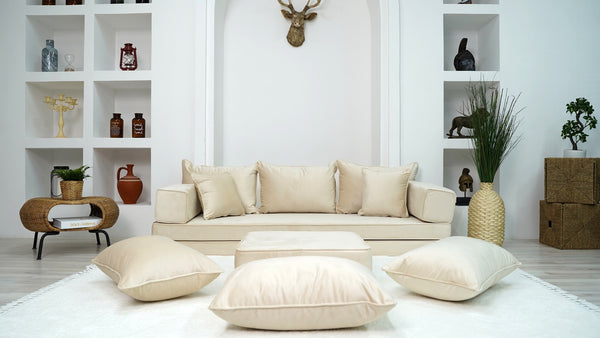 8" Thick Beige Velvet Floor Seating, Sectional Sofa, Velvet Floor Sofa with Ottoman Couch and Rug, Bohemian Sectionals, Arabic Floor Sofa Set, Floor Couches - Arabic Sofa
