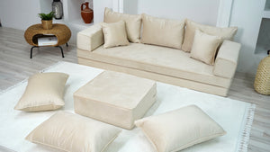 8" Thick Beige Velvet Floor Seating, Sectional Sofa, Velvet Floor Sofa with Ottoman Couch and Rug, Bohemian Sectionals, Arabic Floor Sofa Set, Floor Couches - Arabic Sofa