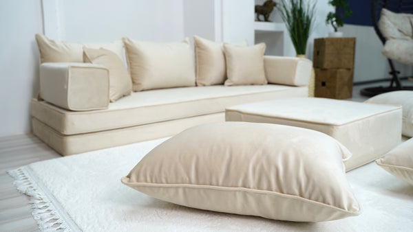 8" Thick Beige Velvet Floor Seating, Sectional Sofa, Velvet Floor Sofa with Ottoman Couch and Rug, Bohemian Sectionals, Arabic Floor Sofa Set, Floor Couches - Arabic Sofa