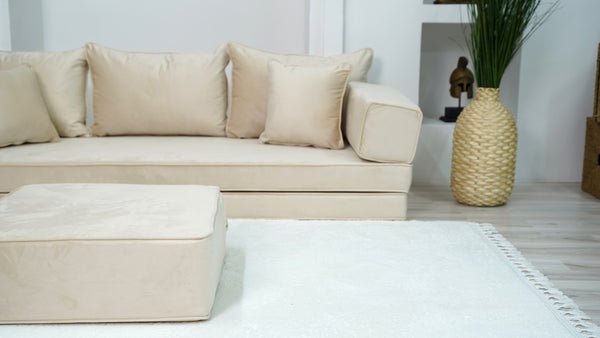 8" Thick Beige Velvet Floor Seating, Sectional Sofa, Velvet Floor Sofa with Ottoman Couch and Rug, Bohemian Sectionals, Arabic Floor Sofa Set, Floor Couches - Arabic Sofa