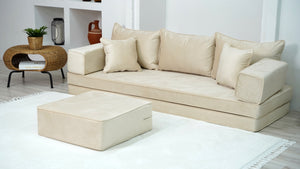 8" Thick Beige Velvet Floor Seating, Sectional Sofa, Velvet Floor Sofa with Ottoman Couch and Rug, Bohemian Sectionals, Arabic Floor Sofa Set, Floor Couches - Arabic Sofa