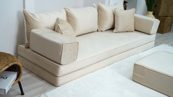8" Thick Beige Velvet Floor Seating, Sectional Sofa, Velvet Floor Sofa with Ottoman Couch and Rug, Bohemian Sectionals, Arabic Floor Sofa Set, Floor Couches - Arabic Sofa