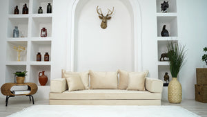 8" Thick Beige Velvet Floor Seating, Sectional Sofa, Velvet Floor Sofa with Ottoman Couch and Rug, Bohemian Sectionals, Arabic Floor Sofa Set, Floor Couches - Arabic Sofa